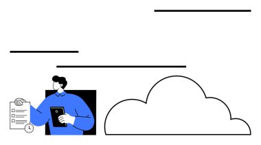 Bulut grafiğinin yanında tablet ve kontrol listesi tutan kişi, görev yönetimini, verimliliği, dijital araçları, bulut teknolojisini, uzaktan çalışmayı sembolize ediyor. Çalışma akışı, planlama ve teknik eğilimler için ideal