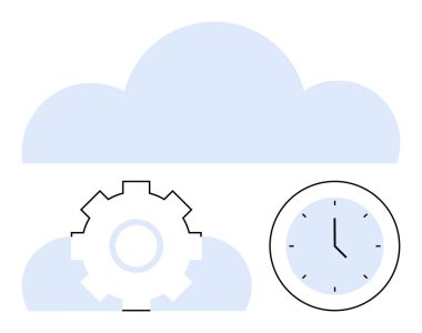 Dişli ve saati olan mavi bulut bulut tabanlı iş akışlarını, zaman yönetimini ve optimizasyonu sembolize ediyor. Teknoloji, verimlilik, üretkenlik, otomasyon, iş, iş akışı için ideal