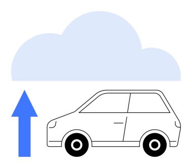 Mavi ok çizilmiş arabanın üstündeki bulutu gösteriyor. Veri yüklemesi, bağlı araçlar ve bulut depolama. Teknoloji, bağlantı, ulaşım, yenilik, sürdürülebilirlik için ideal