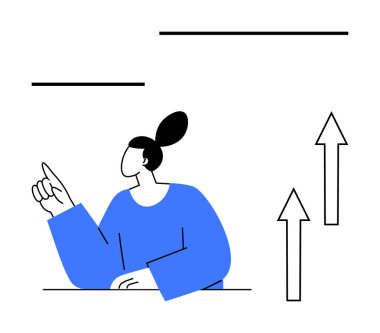 Mavi tişörtlü biri, büyümeyi ve başarıyı simgeleyen oklarla yukarı doğru hareket ediyor. İş için ideal, başarı, hedef belirleme, motivasyon, liderlik, fırsat, kişisel gelişim. Düz basit