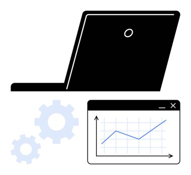 Laptop, dişliler ve takım çalışması, veri analizi, ilerleme takibi ve yenilik hedeflerini gösteren bir grafik arayüzü. Teknoloji, iş ve araştırma başarısı için ideal verimlilik izleme düzeyi