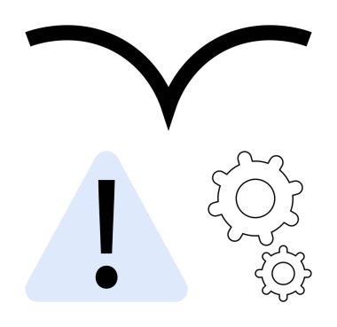 Uyarı üçgeninin içinde bir ünlem işareti var. Uçan ok şekli ve dikkat, süreç ve yönü temsil eden dişliler. Risk, uyarı, sorun giderme, iş akışı, navigasyon, sistem için ideal