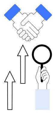 İşbirliği için tokalaşma, analiz için kaldırılan büyüteç ve büyüme, optimizasyon veya başarı için yukarı bakan 3 ok. İş için ideal, takım çalışması, strateji, araştırma ortaklığı