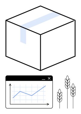 Kutu illüstrasyonu, tarayıcı penceresinde yukarı doğru eğilimli grafikler ve buğday sapı üçlüsü. Tarım, ambalaj, lojistik, ekonomi, büyüme, ticaret iş analizleri için ideal basit bir metafor
