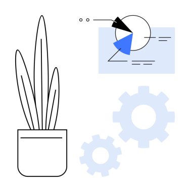 Saksı bitkisi, dişliler, analitik şeması ve modern tasarımla bağlantılı veri görselleştirme elementleri. Takım çalışması için ideal, üretkenlik, organizasyon, büyüme yeniliği analitik minimalizm. Düz