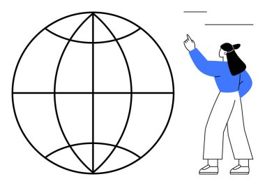 Gündelik kıyafet giymiş bir kadın küresel iletişim, yenilik, eğitim, teknoloji, takım çalışması, bağlantı ve stratejiye odaklanmayı önererek küresel bir şebekeye ve hatlara doğru hareketler yapıyor. Düz basit metafor