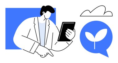 Sürdürülebilirlik simgeleri arasında, filizlenme ve bulut da dahil olmak üzere tablet tutan kişi, ekolojik bilinçli yeniliğin altını çiziyor. Çevre, teknoloji, iş, büyüme, analiz, dijital araçlar için ideal