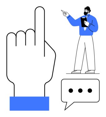 Yukarıya bakan büyük bir el, not defteriyle talimatlar veren profesyonel erkek figürü, geri bildirimi sembolize eden konuşma balonu. İletişim, takım çalışması, liderlik, rehberlik, eğitim için ideal