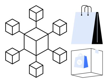 Küpler ağı dijital perakende satış poşetlerinin yanında blockchain yapısını da sergiliyor. Engelleme zinciri, e-ticaret, çevrimiçi alışveriş, lojistik, yenilik, teknoloji, düz bir metafor için ideal