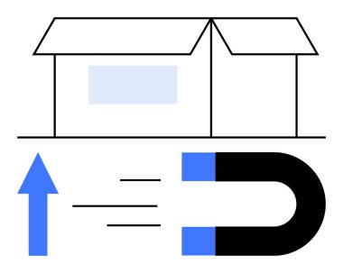 Pencereli kutuyu aç, mıknatıs yukarı doğru çekerek çekimi, ilerlemeyi ve yeniliği sembolize ediyor. Lojistik, büyüme, iş, strateji yaratıcılık pazarlama liderliği için idealdir. Düz basit
