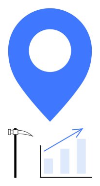 Mavi lokasyon iğnesi, kazma ve yukarı grafiği navigasyon, kaynak çıkarma ve büyümeyi sembolize ediyor. Madencilik, iş büyümesi, planlama, teknoloji veri analizi coğrafya ekonomisi için ideal