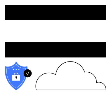 Kalın yatay çubuklarla eşleştirilmiş, kilit ve kontrol işaretli, güvenli kalkanlı bulut çizgisi. Siber güvenlik, veri gizliliği, bulut bilgisayarı, kimlik doğrulama, yazılım, bilişim sistemleri, düz