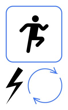 Hareket halinde olan biri, yıldırım ve dairesel oklarla tamamlanmış. Enerji, sürdürülebilirlik, hız, aktivite, yenilenme, fitness çevre dostu dinamikler için idealdir. Modern düz basit metafor