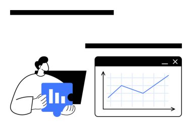 Yükselen bir çizgi çizelgesini gösteren bir web panelinin yanında bir çubuk grafik bulmacası tutan kişi. Veri analizi, mali büyüme, iş stratejisi, pazar eğilimleri ve ilerleme izleme için ideal