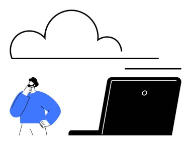 Bilgisayarın yanında bulut teknolojisini düşünen kişi, yeniliği, bağlantıyı, stratejiyi, planlamayı, problem çözmeyi temsil ediyor. IT, bulut hesaplama, iş düşünme süreci teknolojisi için ideal