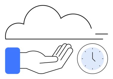 Bulut ve el depolama öneriyor, zaman için saat. Teknoloji, yenilik, zaman yönetimi, verimlilik, dijital çözümler, bulut depolama gelecek kavramları için idealdir. Düz basit metafor