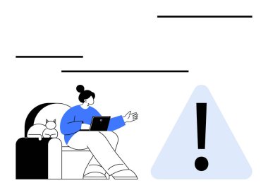 Dizüstü bilgisayara odaklanmış biri, büyük bir ünlem işaretinin yanında el hareketi yapıyor, aciliyeti gösteriyor. Uzaktan çalışma, problem çözme, aciliyet, iletişim, çoklu görev, teknoloji üretkenliği için ideal