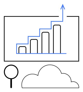 Yukarı doğru ok, büyüteç ve bulut, ilerlemeyi, analizi ve bulut deposunu simgeler. Veri analizi, büyüme, iş dünyası, bulut hesaplama finans stratejisi istatistikleri için ideal