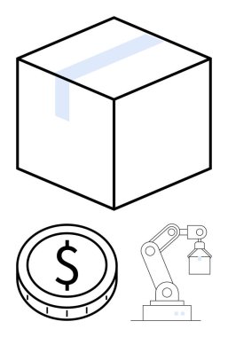 Karton kutu, dolar para, robotik kol kaldırma lojistik, otomasyon ve ticaret. E-ticaret, imalat, tedarik zinciri, finans sektörünün soyutlanması için ideal