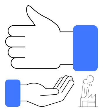 Pozitifliği ve kabulü simgeleyen olumlu bir jest, desteği veya talebi temsil eden açık el hareketi, sanayi veya üretimi öneren fabrika ikonu. Takım çalışması, destek, onay için ideal