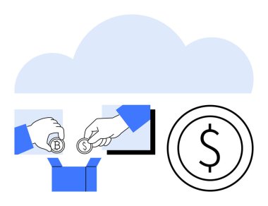Bir kutuya, bir dolar simgesine ve bir bulut arkaplanına para değiş tokuşu yapan eller. Finans, dijital ödeme, kripto para birimi, çevrimiçi bankacılık, tasarruf, bulut depolama teknolojisi için ideal basit bir metafor