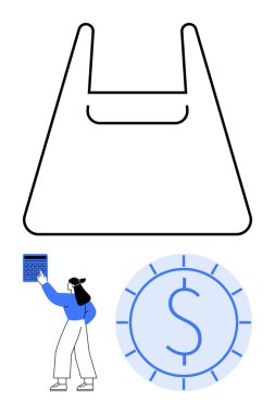 Para ve bütçeyi simgeleyen para dolu siyah alışveriş çantası. Hesap makinesi kullanan bir kadın. Alışveriş, bütçe, finans, tasarruf, gider takibi, ticaret için ideal. Düz basit