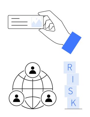 Küresel bir yapıda birbirine bağlı üç kişiden oluşan bir ağın üzerinde bir kimlik kartı ve istiflenmiş bloklar olarak düzenlenmiş RISK harfleri tutuyordu. Kimlik, ağ, takım çalışması ve küreselleşme için ideal