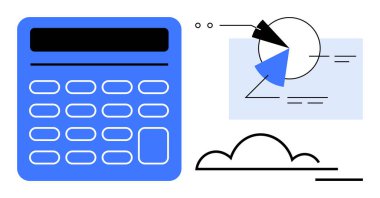 Dinamik bulut grafiği eşliğinde okları ve segmentli verileri olan pasta grafiğinin yanındaki hesap makinesi. Finans, muhasebe, bütçe, analitik, eğitim, yenilik ve strateji için idealdir.