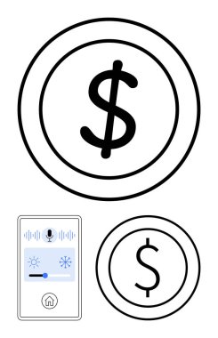 Üzerinde mikrofon ve iklim ayarları bulunan akıllı ev kontrol panelinin yanında dolar işareti var. Finans, teknoloji, akıllı evler, uygulamalar, otomasyon, ekonomi, dijital yenilikler için idealdir. Temiz daire