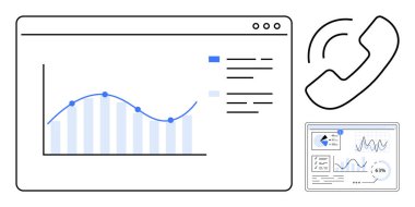 Çizgi çizelgesi ve çubuk grafiği olan analitik gösterge paneli, iletişimi simgeleyen simge çağrısı. Veri analizi, iş stratejisi, haberleşme, rapor oluşturma, takım çalışması, dijital araçlar için ideal