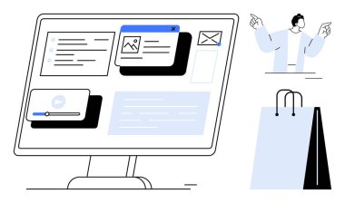 Çevrimiçi arayüz, karakter ve çanta işaretlerinin yanında medya dosyaları, bildirimler ve alışveriş simgelerini birleştiriyor. Pazarlama, e-ticaret, çevrimiçi alışveriş, iş, web arayüzü, müşteri
