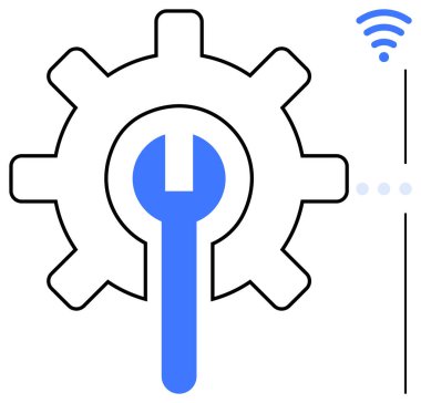 Ortasında mavi ingiliz anahtarı ve yanında kablosuz sembol olan büyük bir alet. Teknoloji için ideal, uzak sistem yardımı, ağ oluşturma, sorun giderme, IOT cihazları, otomasyon, düz basit metafor