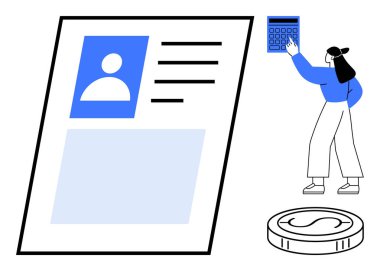 Büyük profil belgesi ve para birimi yakınında hesap makinesi kullanan karakter. Finans, bütçe, muhasebe, kararlar, planlama, profiller, kişisel yönetim için idealdir. Düz basit metafor