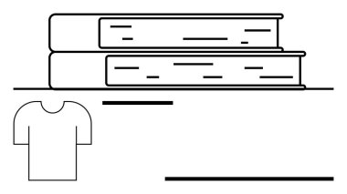 İki istiflenmiş kitap ve asgari bir tişört taslağı. Öğrenim, okul, bilgi, eğitim, günlük kıyafet, işyeri markalaşması için ideal, minimal modern düz metafor