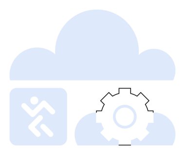 Teçhizatlı ve çalışan şekilli bulut, bulut hesaplama, otomasyon, çeviklik, yenilik, verimlilik, veri depolama ve dijital dönüşümü sembolize eder. Teknoloji iş akışı verimliliği için ideal