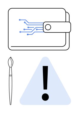 Dijital devreli cüzdan, ünlemli üçgen uyarı, dikey boya fırçası. Teknoloji, yenilik, güvenlik, dikkat, finans sanatı ve yaratıcı bütünleşme için idealdir. Düz basit metafor