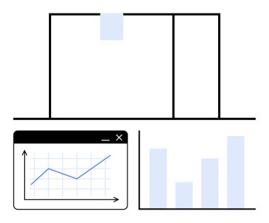 Simetrik çerçeveli bir pencere, çubuk çizelgesi ve düzende yükselen grafikler. Analiz, rapor, istatistik, izleme, finans eğilimleri için ideal. Temiz düz basit metafor