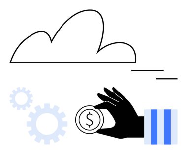 Dijital yatırım, üretkenlik, yenilik, kalkınma, çevrimiçi finans, bulut hesaplama ve küresel bağlantıyı temsil eden bulut ve vites elementlerinin yanında el ele tutuşan madeni para.
