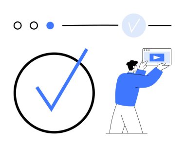 Geniş işaretli daire, seçim vurgusu olan işlem çubuğu, video çerçevesi görüntüleyen kişi. Başarı, görevler, ilerleme, onaylama, verimlilik hedefleri için idealdir. Düz basit