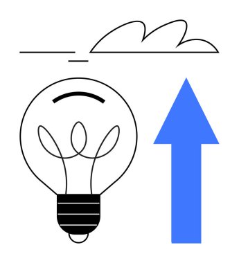 Filamanlı ampul, soyut bulut çizgisi ve yukarı doğru mavi ok. Düz bir metaforda yenilik, büyüme, arzu, yaratıcılık, teknoloji, ilerleme ve strateji için ideal