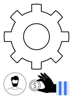 Dişlileri sembolize etme süreci, bireysel ilişki için profil simgesi, mali yoldaş için el ele tutuşan para, veri analizi için dikey çubuklar. İş için ideal, takım çalışması, yenilik, ekonomi