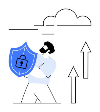 Kalkanı kilitli tutan adam yukarıda bulut çizimi ve yukarı bakan oklar var. Siber güvenlik, veri güvenliği, bulut depolama, şifreleme, çevrimiçi koruma, dijital mahremiyet dairesi için ideal