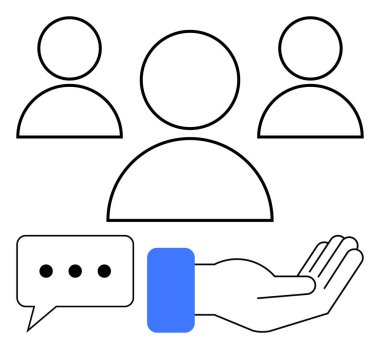 Özetlenen üç grup üyesi, iletişim için konuşma balonu, yardım ve destek için elini açık tut. Takım çalışması, işbirliği, tartışma, yardım, ortaklık, müşteri hizmetleri dairesi için ideal
