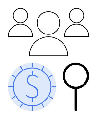 Üç kişinin soyut taslağı, büyüteç ve dolar ikonu. Takım için ideal, işbirliği, finansal planlama, iş, strateji araştırmaları ve yatırım temaları. Düz basit metafor