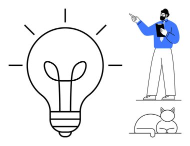 Elinde not panosu olan ve sakin kedisi olan bir adamın yanında büyük, parlayan bir ampul. Yaratıcılık, yenilik, liderlik, üretkenlik, rahatlama, beyin fırtınası, odaklanma için idealdir. Düz basit metafor