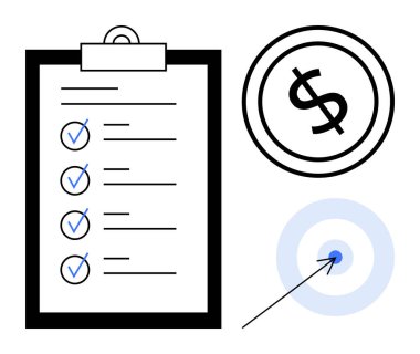 Tamamlanmış görevleri olan kontrol listesi, çemberin içindeki dolar sembolü ve hedefi vuran ok. Üretkenlik, hedef belirleme, finans, planlama, başarı odaklı başarı için ideal. Düz basit metafor