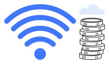 Bozuk paraların yanında kablosuz sinyal ve bulut kablosuz işlemleri, bulut hizmetlerini, fintech 'i ve çevrimiçi kaynakları sembolize eder. Finans, teknoloji, kablosuz bağlantı, bulut hesaplama için ideal