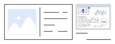 Çizelgeler, grafikler ve yüzdelik ilerlemeyle birlikte bir kullanıcı profilinin yanında analiz paneli. Veri analizi, verimlilik, raporlar, teknoloji, iş performansı, daireyi izlemek için ideal