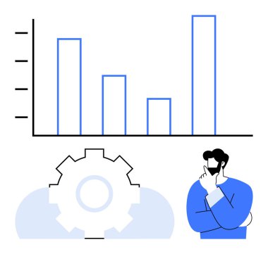 Değişik seviyelerde bar tablosu, gelişim sürecini temsil eden vites, düşünceli bireysel yorumlama verileri. Veri analizi, iş stratejisi, iş akışı iyileştirmesi ve karar verme süreci için ideal
