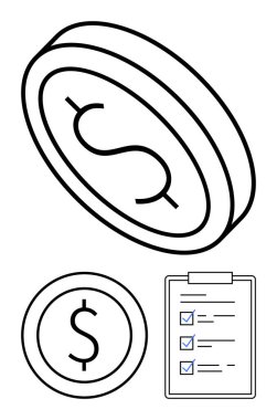 Tamamlanmış görevler içeren dolar işareti ve kontrol listesi olan madeni para. Finans, bütçe, görev yönetimi, hedef belirleme, üretkenlik, ekonomik planlama ve minimalist kavramlar için idealdir. Düz basit